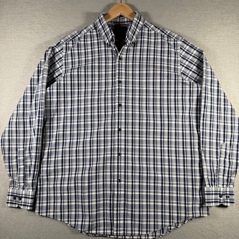 Buttoned Down Mens Tailored Fit Navy Blue Plaid Dress Shirt XL 17-17.5 36/37